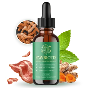 bottle of Pawbiotix with a picture of one of the ingredients and a mint leaf in the background